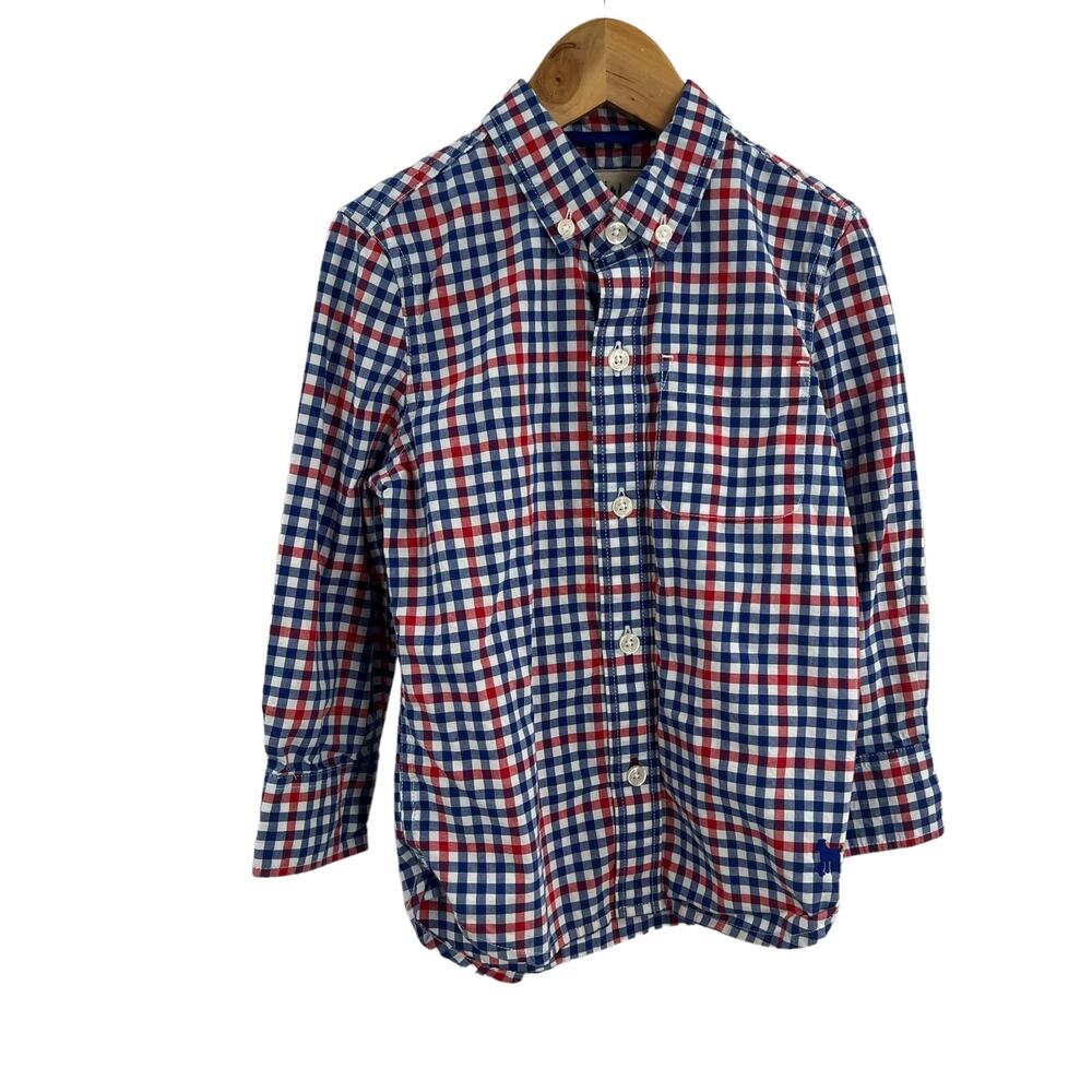 Mini Boden Red Blue Checked‎ Long Sleeve Button Front Shirt 3/4